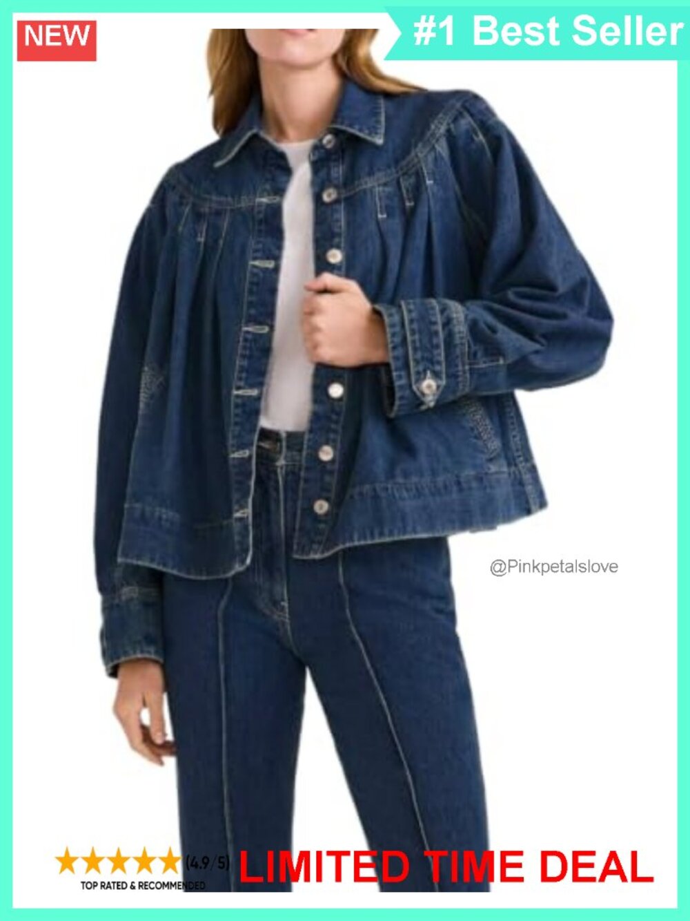 Cropped Pleated Button Down Denim Jacket Long Sleeve Jean